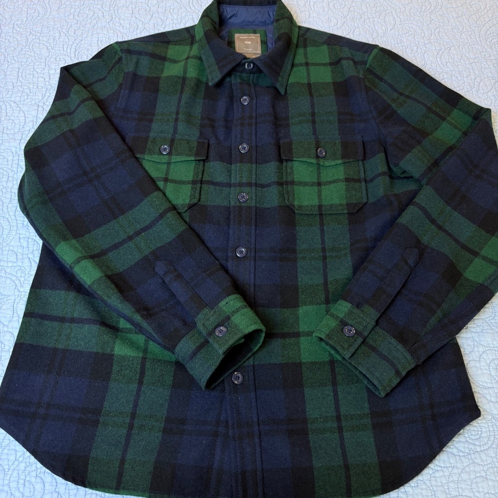 Gap Mens Black Watch Plaid Wool Blend Flannel Shirt Green Navy Blue Large